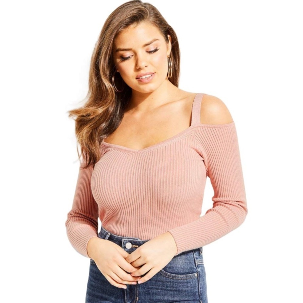 GUESS Off Shoulder Ribbed Knit Sweater Size S